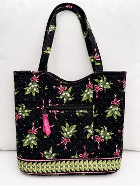 Vera Bradley Black Floral Quilted Cotton Tote Shoulder Bag Pink Green Excellent
